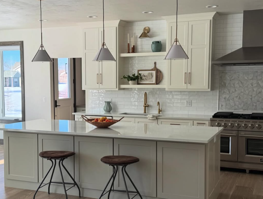 cabinet and tile backsplash with wood flooring installation in Appleton, WI